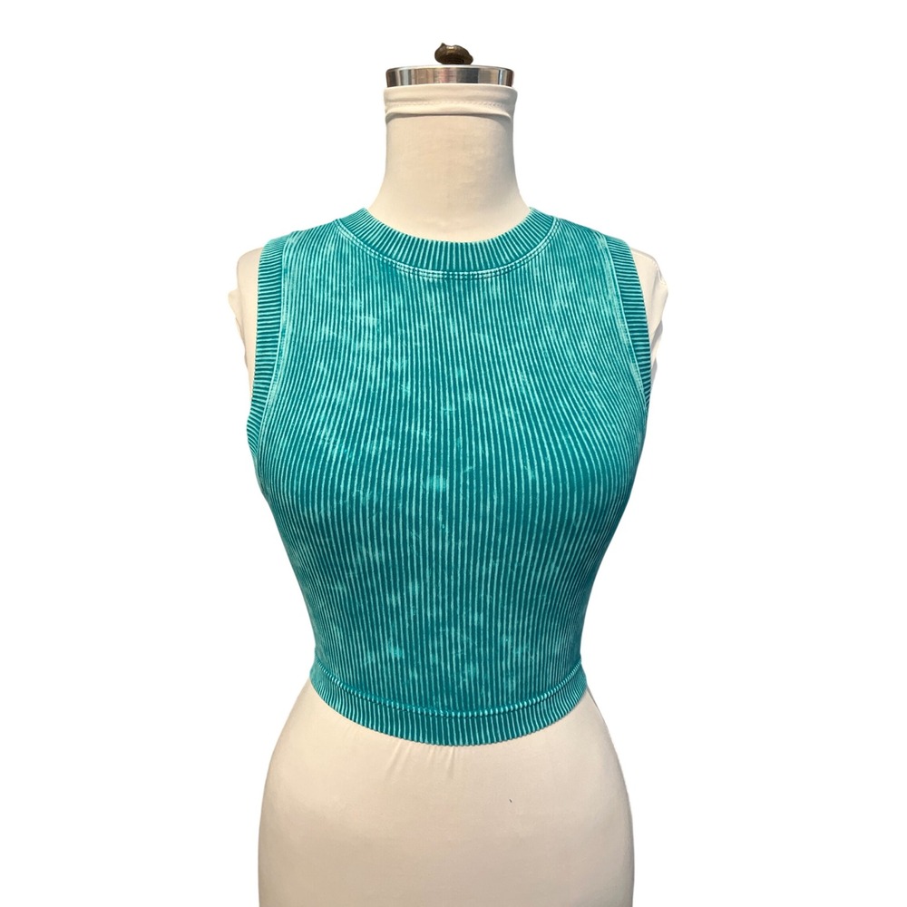Zenana Women Teal Mineral Wash Ribbed Seamless‎ Crop Top Tank S/M NTW-6164A